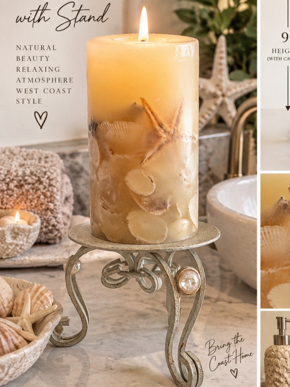 West Coast Coastal Shell & Starfish Pillar Candle with Ornate Footed Stand